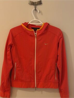 Nike Women's Red Hooded Full-Zip Jacket with Yellow Trim